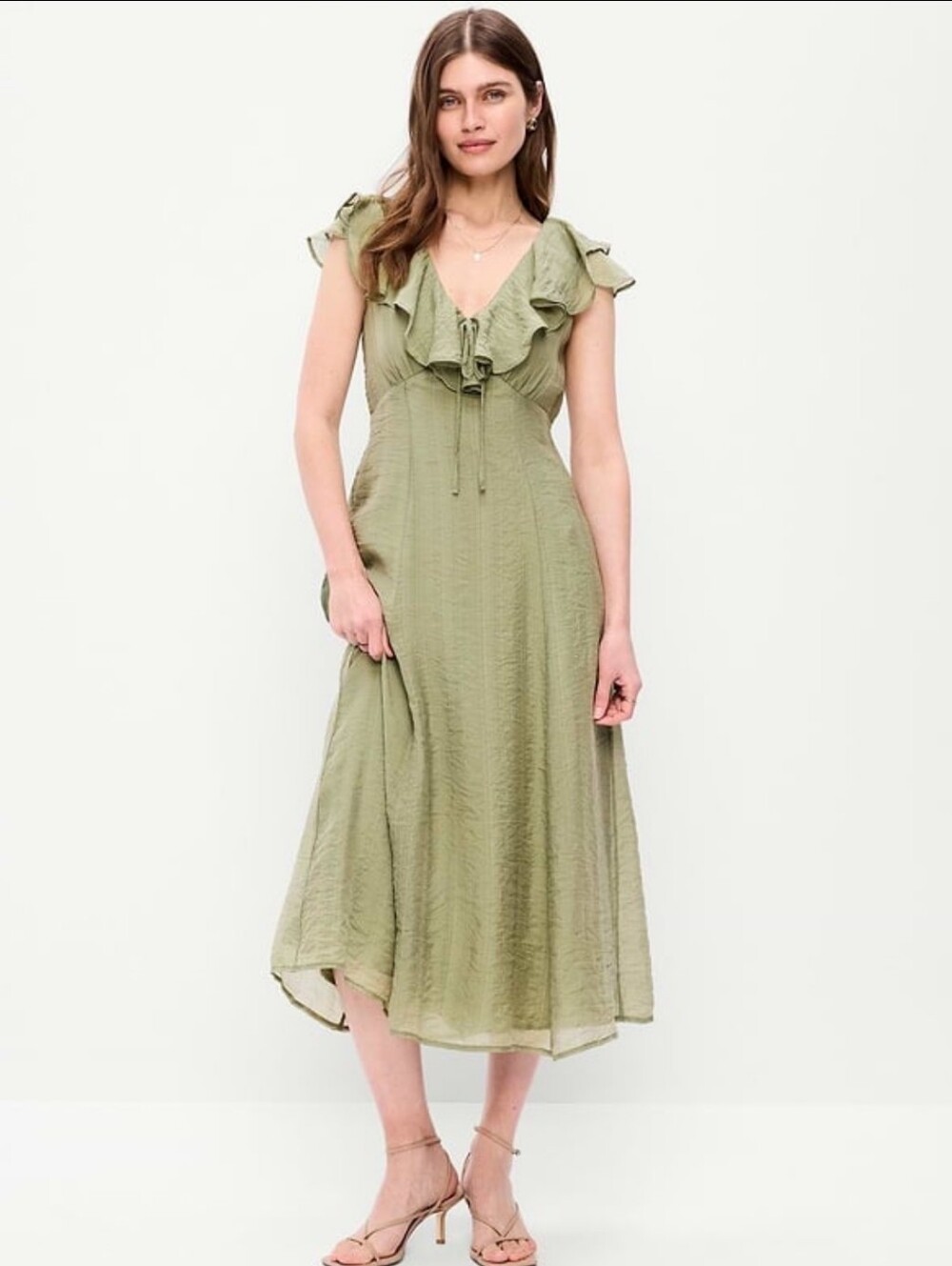 NWT, Old Navy • Olive Ruffle V Neck Midi Dress, Size Small